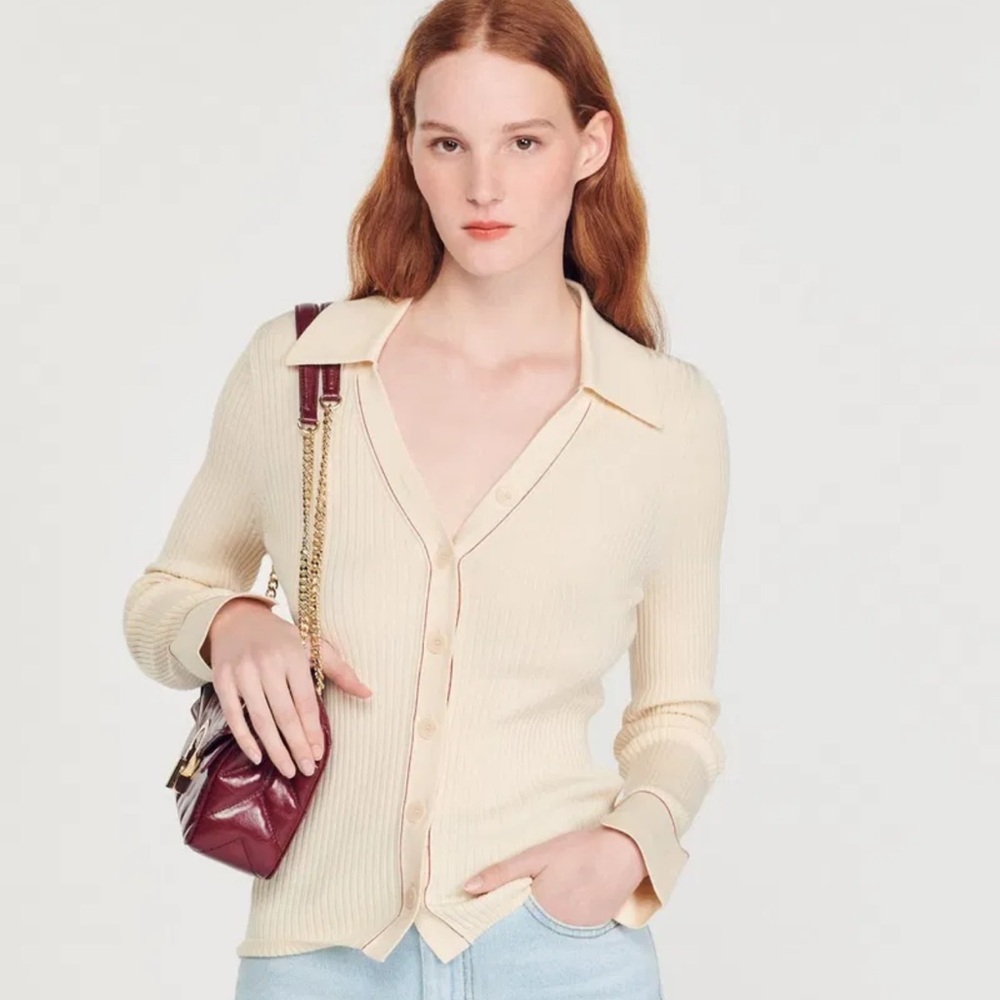 Sandro Spread Collar Ribbed Cardigan